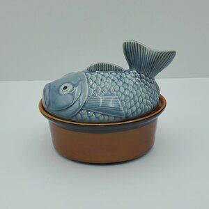Secla Pottery Fish on Nest Tureen Lidded Dish Figural Fish Lid Soup Stew Tureen